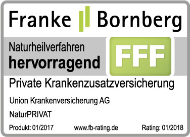 "Die unabhängige Ratingagentur Franke und Bornberg zählt zu den anerkannten Versicherungs-Spezialisten in Deutschland.  Das Rating zeichnet sich vor allem durch einen sehr hohen Detaillierungsgrad aus. Es werden ausschließlich harte, nachvollziehbare Fakten bewertet, die über die gesamte Vertragsdauer Gültigkeit haben.  Die Einteilung der Ergebnisse erfolgt in acht Rating-Klassen, die von FFF (hervorragend) bis F-- (sehr schwach) reichen." 